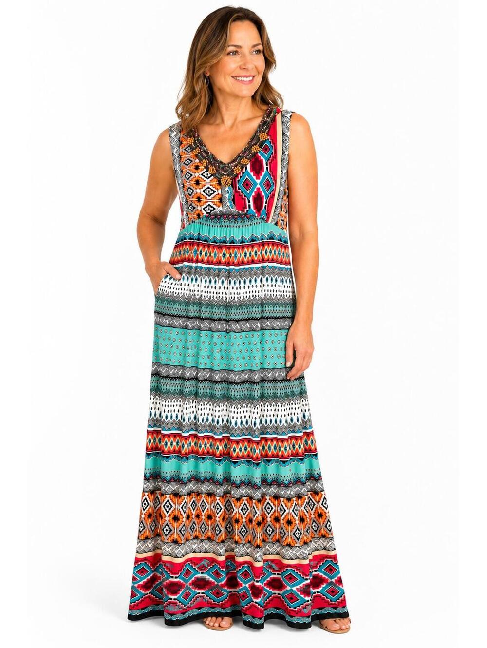 Chico's Bohemian Style Sleeveless Maxi Dress with Beaded V-Neck